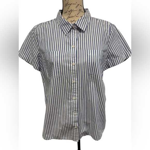 Tommy Hilfiger short sleeve button front blouse Blue White Striped womens Large - Picture 1 of 10